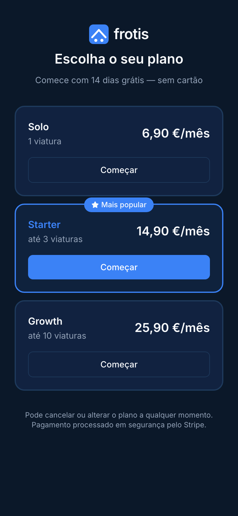 Ecrã de escolha de plano