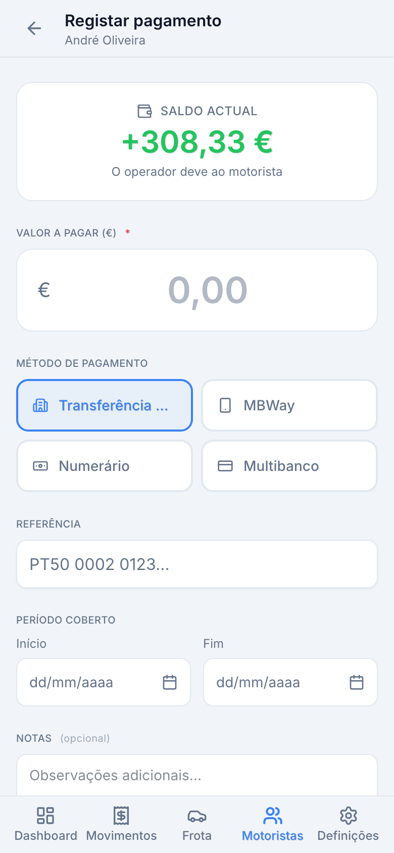 Formulário de pagamento ao motorista