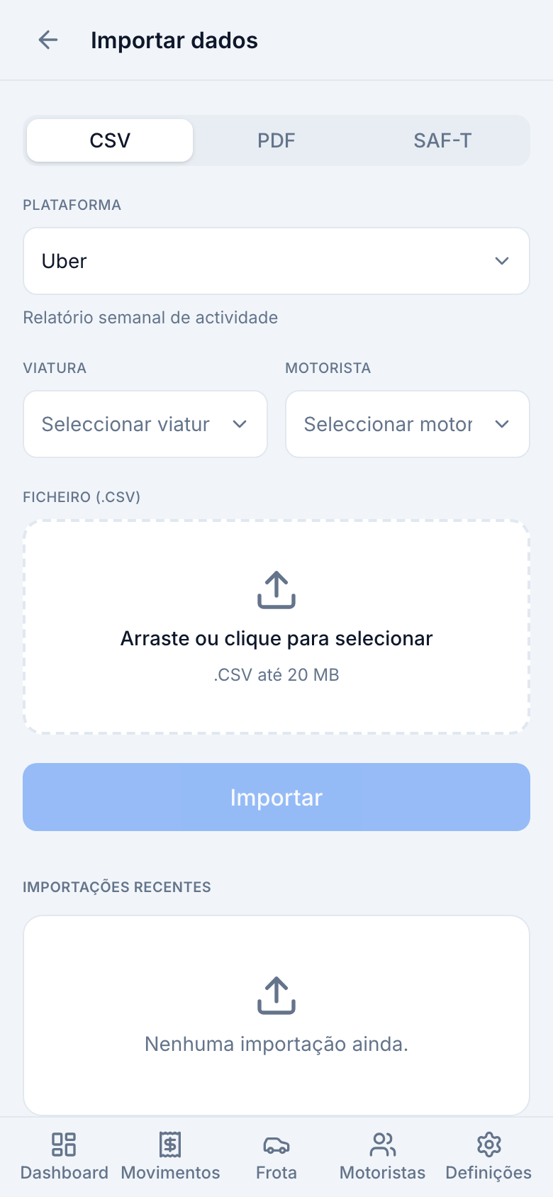 Ecrã de importação de dados