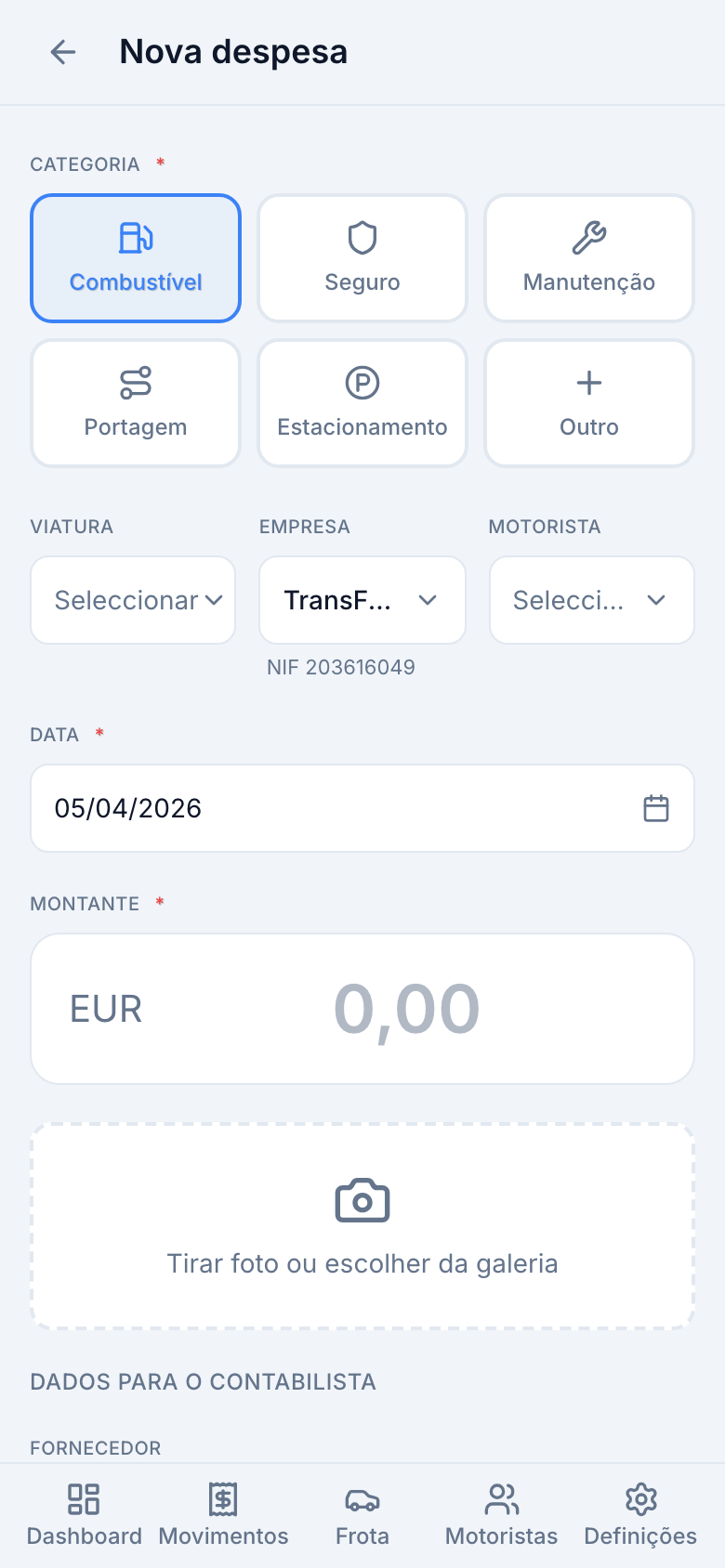 Formulário de nova despesa