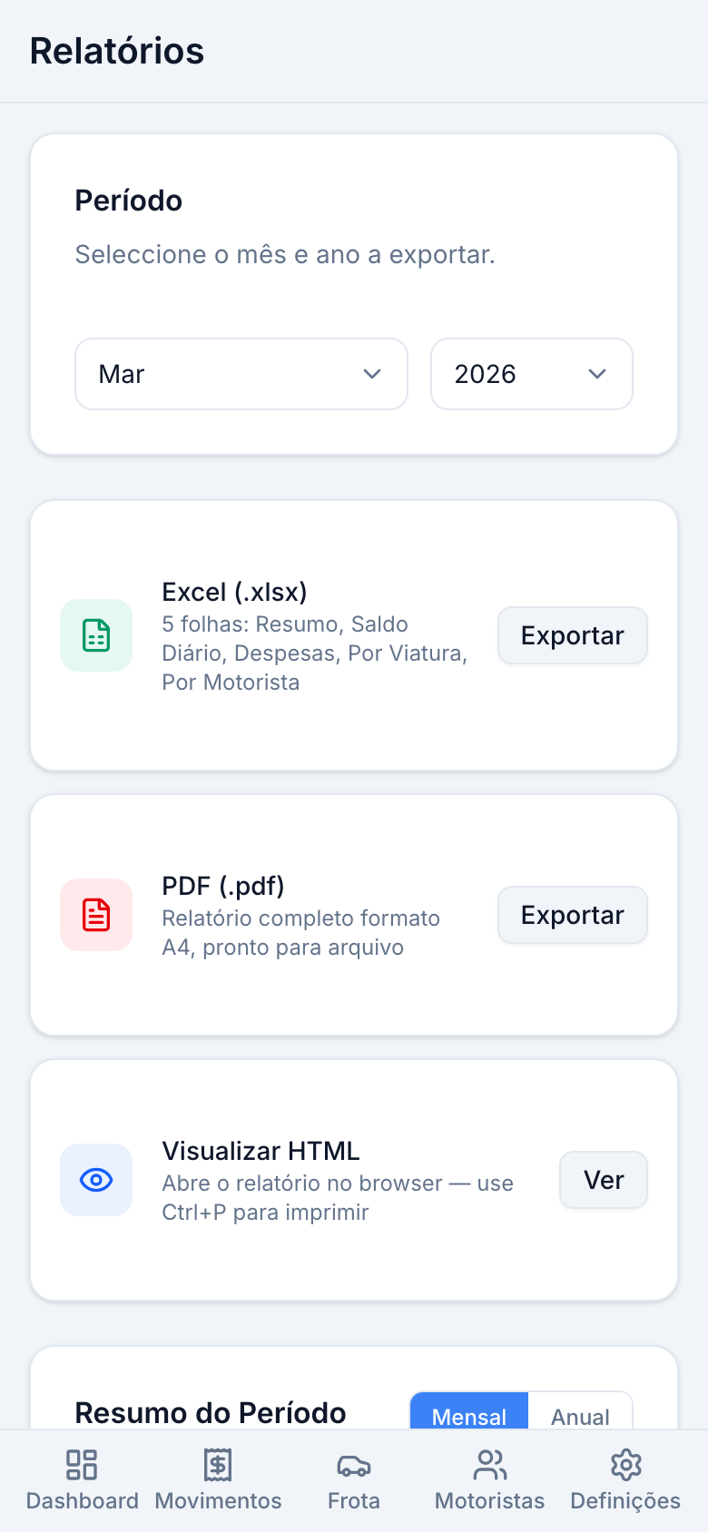 Ecrã de relatórios