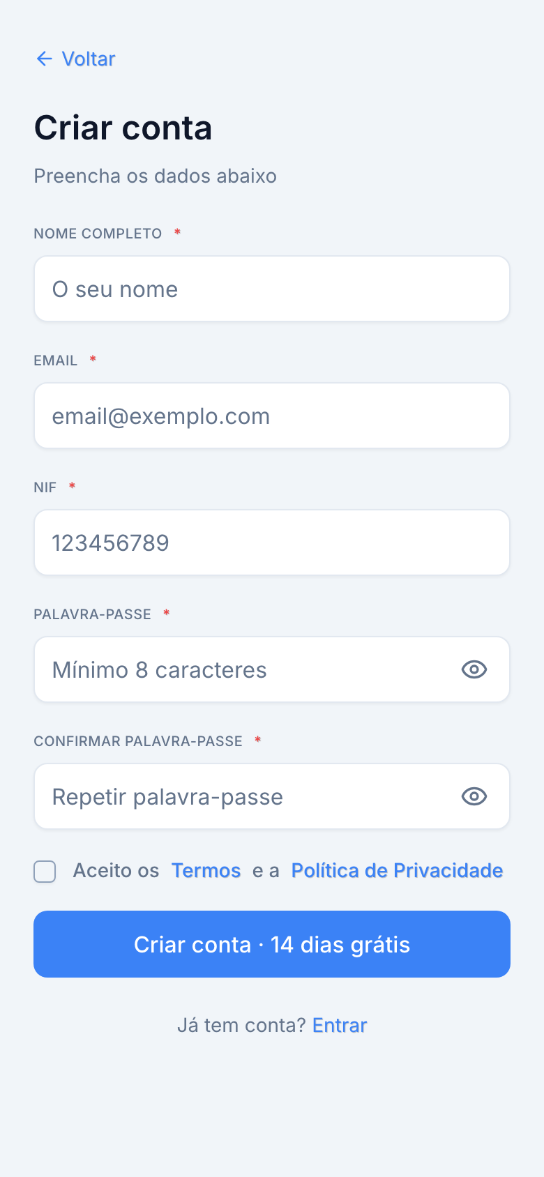 Formulário de criação de conta